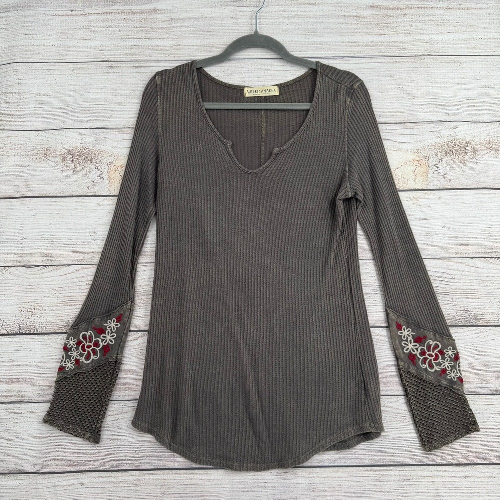 Amerikanable Waffle Top Womens S Gray Floral Embroidered Boho Thermal 116104